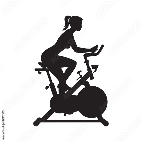 Silhouette vector of a woman exercising on a stationary bike illustration on white background