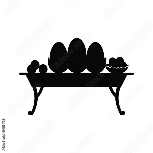 easter eggs on table silhouette vector illustration, Silhouette of easter eggs and basket on table vector illustration