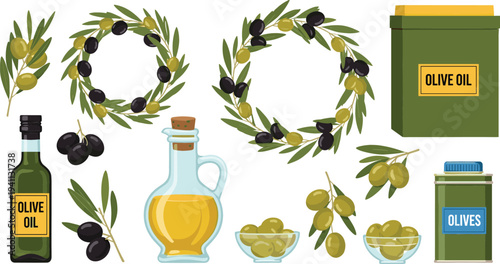 Collection of fresh green and black olives olive oil bottles jars and decorative wreaths isolated on white background vector illustration.