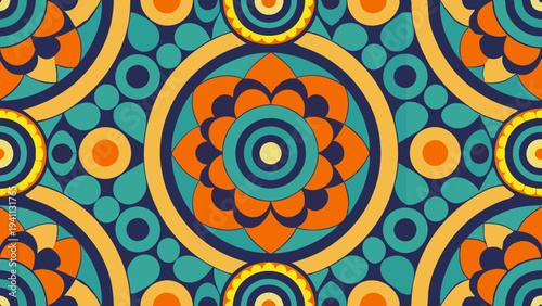 Geometric floral tile pattern in orange, teal, and navy