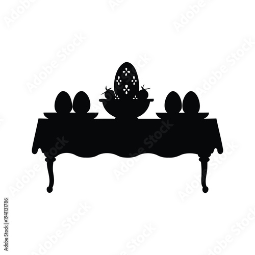 easter eggs on table silhouette vector illustration, Elegant table setting with eggs and flowers on a tablecloth silhouette vector illustration