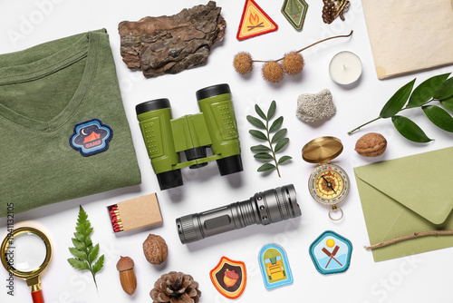 Set of scout supplies on wh...