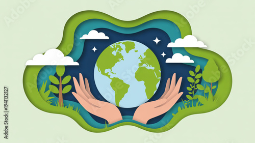 Hands cradling earth globe with green landscape clouds and stars symbolizing environmental care and sustainability
