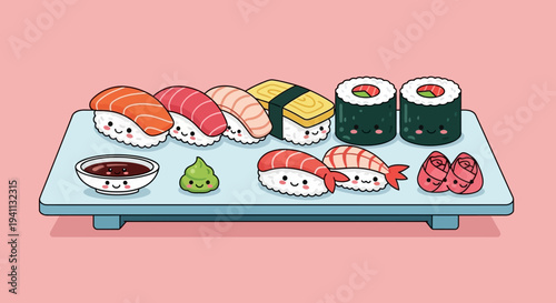 Cute Kawaii Sushi Set Illustration, Japanese Food Characters