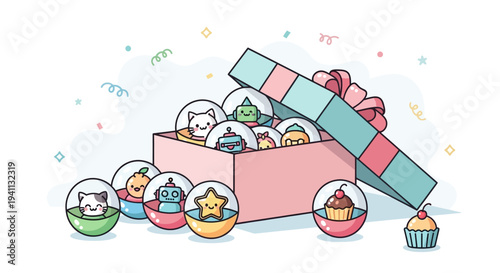 Cute Surprise Box with Adorable Gachapon Toys: Cats, Robots, and Cupcakes