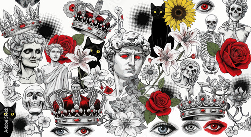 Surreal Collage: Black Cats, Crowns, Skulls, Statues, Roses, Eyes, and Flowers