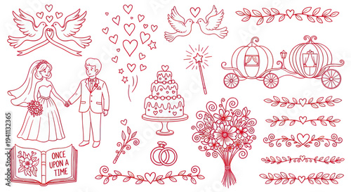 Wedding Doodle Elements: Bride, Groom, Cake, Carriage, Doves, Hearts, Flowers, Rings