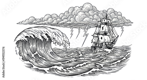 Vintage sailing ship battling huge stormy wave and lightning