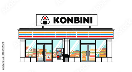Japanese Konbini Convenience Store Front Facade, Modern Design, Brightly Lit