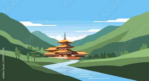 Pixel Art Japanese Temple Pagoda by River in Green Mountain Valley