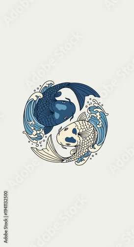 Yin Yang Koi Fish Symbolizing Balance and Harmony Amidst Flowing Waves