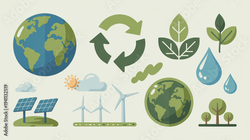 Sustainable energy and eco friendly elements illustration with renewable resources and green technology icons