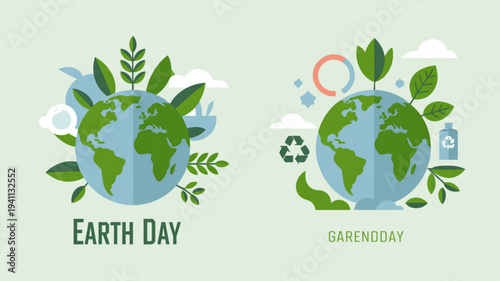 Earth day and green day illustrations with globe leaves recycling symbol eco friendly icons on light green background