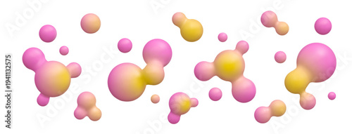 Pink and yellow liquid bubbles design. Spring or summer design elements. Metaball spheres isolated on white bg. Abstract lava lamp fluid balls illustration