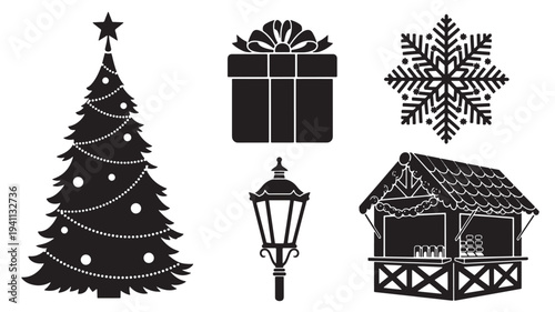 Christmas objects silhouette set including tree, gift box, snowflake, lamp post, and market stall for holiday decoration