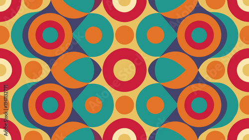 Retro concentric circles and overlapping shapes vintage aesthetic pattern