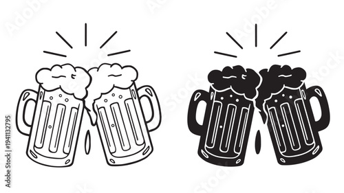 Beer mugs with frothy foam and splashes, presented in both line art and solid silhouette styles for diverse design applications.