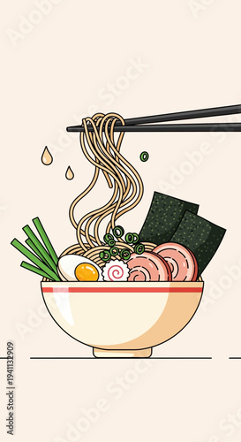 Delicious Ramen Bowl with Noodles and Toppings, Japanese Cuisine Illustration