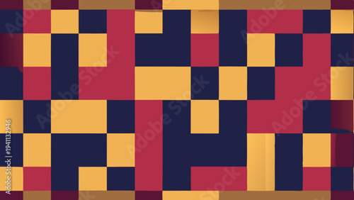 Abstract geometric mosaic pattern in deep blue, yellow and red
