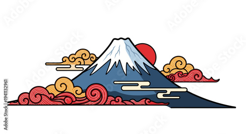 Mount Fuji Sunrise with Traditional Japanese Clouds and Sun