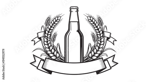 Beer bottle emblem with wheat ears and a blank banner for text in a vintage illustration style. featuring grain, barley, ribbon with logo and symbol