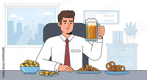 Office Worker Enjoying Beer and Snacks at Desk - Oktoberfest Celebration
