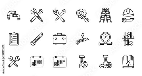 A set of line art icons depicting various tools and equipment for construction and maintenance