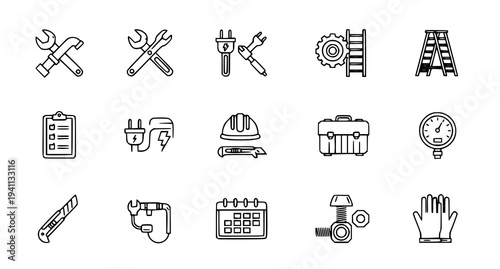 A set of line art icons depicting various construction and engineering tools