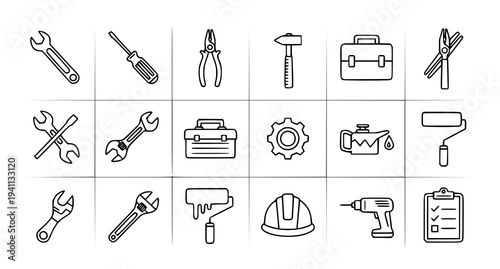 A set of line art icons depicting various construction and repair tools
