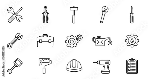 A set of line art icons depicting various tools and equipment for construction and repair work