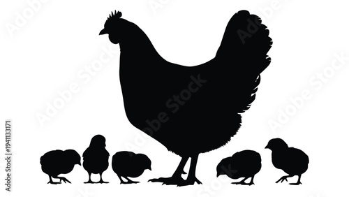 A large hen standing with her five chicks