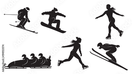 Silhouettes of winter sport athletes in action, showcasing skiing, snowboarding, figure skating, and bobsledding against a clean background.