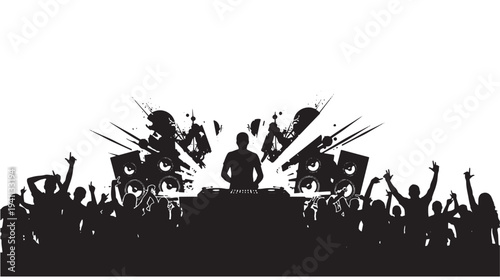 DJ silhouettes with speakers and energetic crowd raising hands in a black and white graphic style. featuring DJ, nightlife, concert with music and