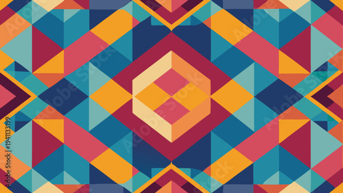 Colorful geometric pattern with triangles and diamonds in kaleidoscope
