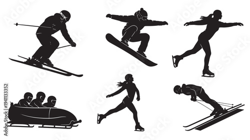 Silhouettes of winter sports athletes performing skiing, snowboarding, figure skating, bobsledding, and ski jumping against a white background