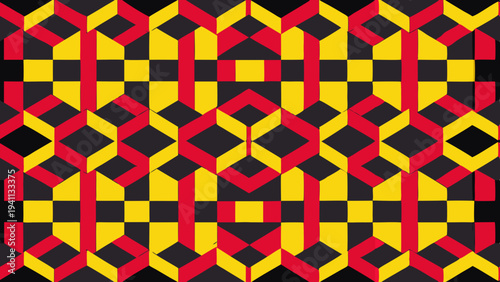 Abstract geometric pattern with interlocking shapes in red and yellow