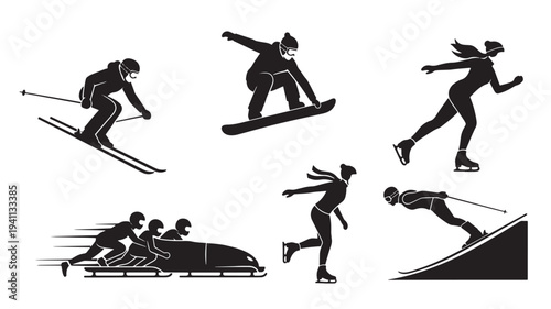Winter sports silhouettes featuring skiing, snowboarding, ice skating, and bobsledding in dynamic poses and motion.