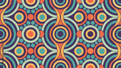 Retro inspired seamless pattern with circles and concentric lines