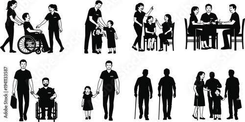 Family care assistance silhouette set showing caregiver helping elderly wheelchair child support healthcare people vector illustration collection