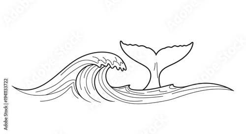 Whale Tail and Ocean Wave Line Art Illustration