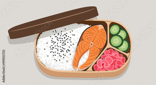 Healthy Salmon Bento Box Lunch: Rice, Fish, Cucumber, Pickled Ginger, Sesame Seeds