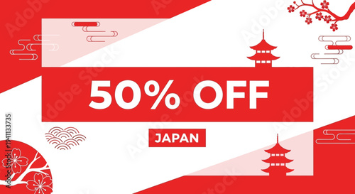 Japan 50% Off Sale Banner with Traditional Japanese Elements and Cherry Blossoms