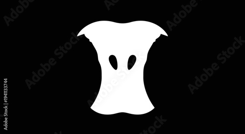 White apple core silhouette on black background, minimalist, abstract