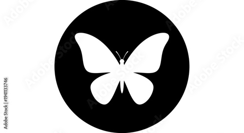 White butterfly silhouette on a black circle background