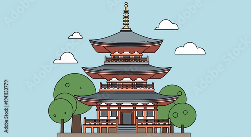 Japanese Pagoda Temple Surrounded by Green Trees and Clouds