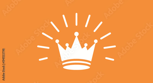 White Crown Icon with Light Rays on Orange Background