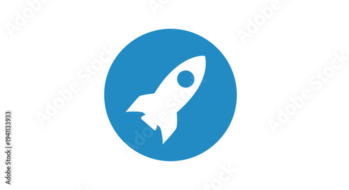 White Rocket Icon in Blue Circle on White Background - Startup and Launch Concept