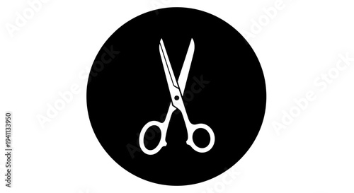 White Scissors Icon Inside Black Circle on White Background