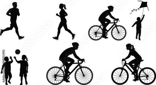 Active lifestyle silhouettes set with runners cyclists children playing ball flying kite outdoor sport family activity vector illustration collection isolated
