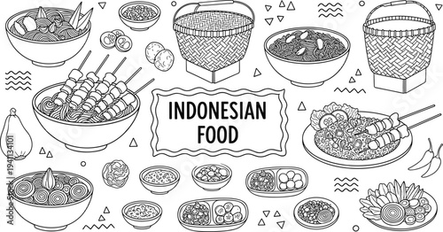 Indonesian food doodle illustration set with noodles satay rice basket traditional Asian cuisine hand drawn vector culinary elements